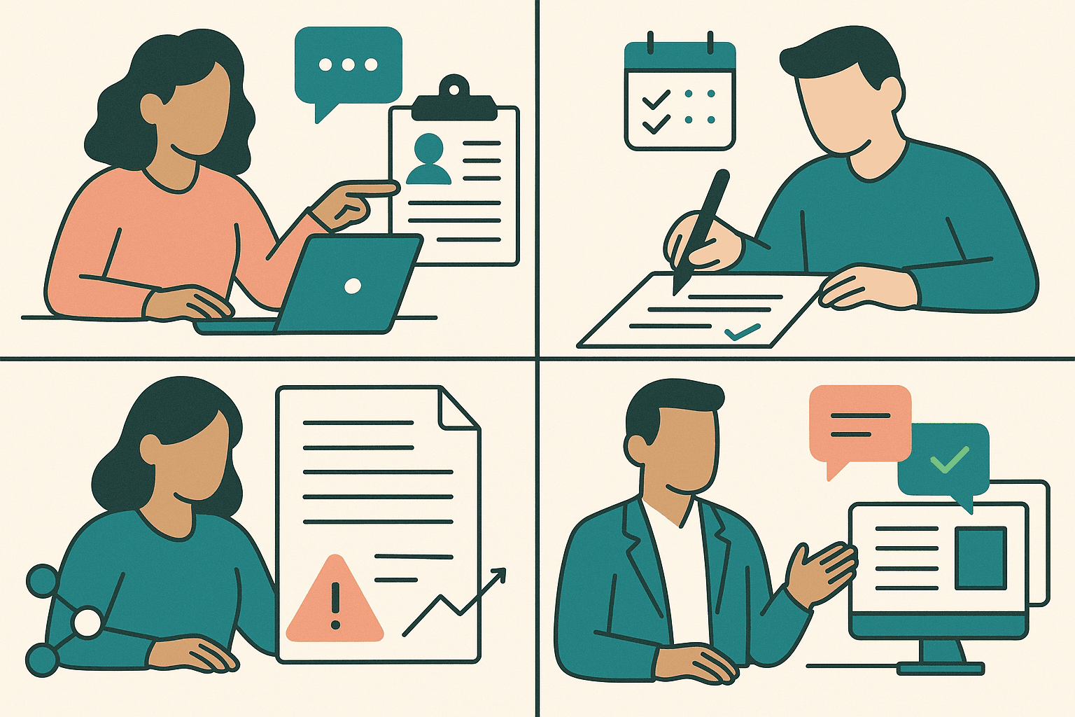 Illustrated collage of HR use cases including recruiting, performance management, policy writing, and communications.