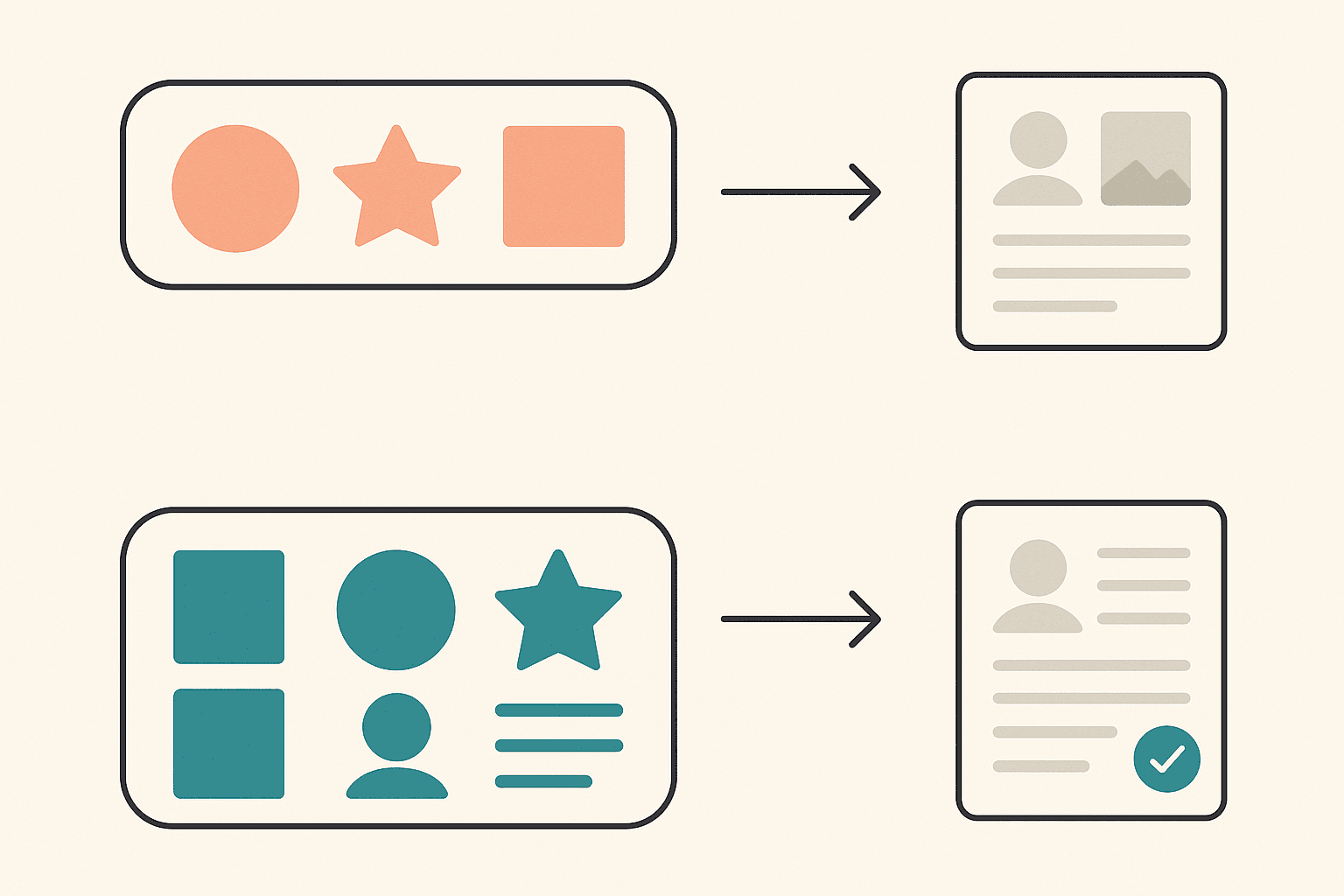 Two visual flows comparing low-structure prompts with structured prompts and their different output quality.